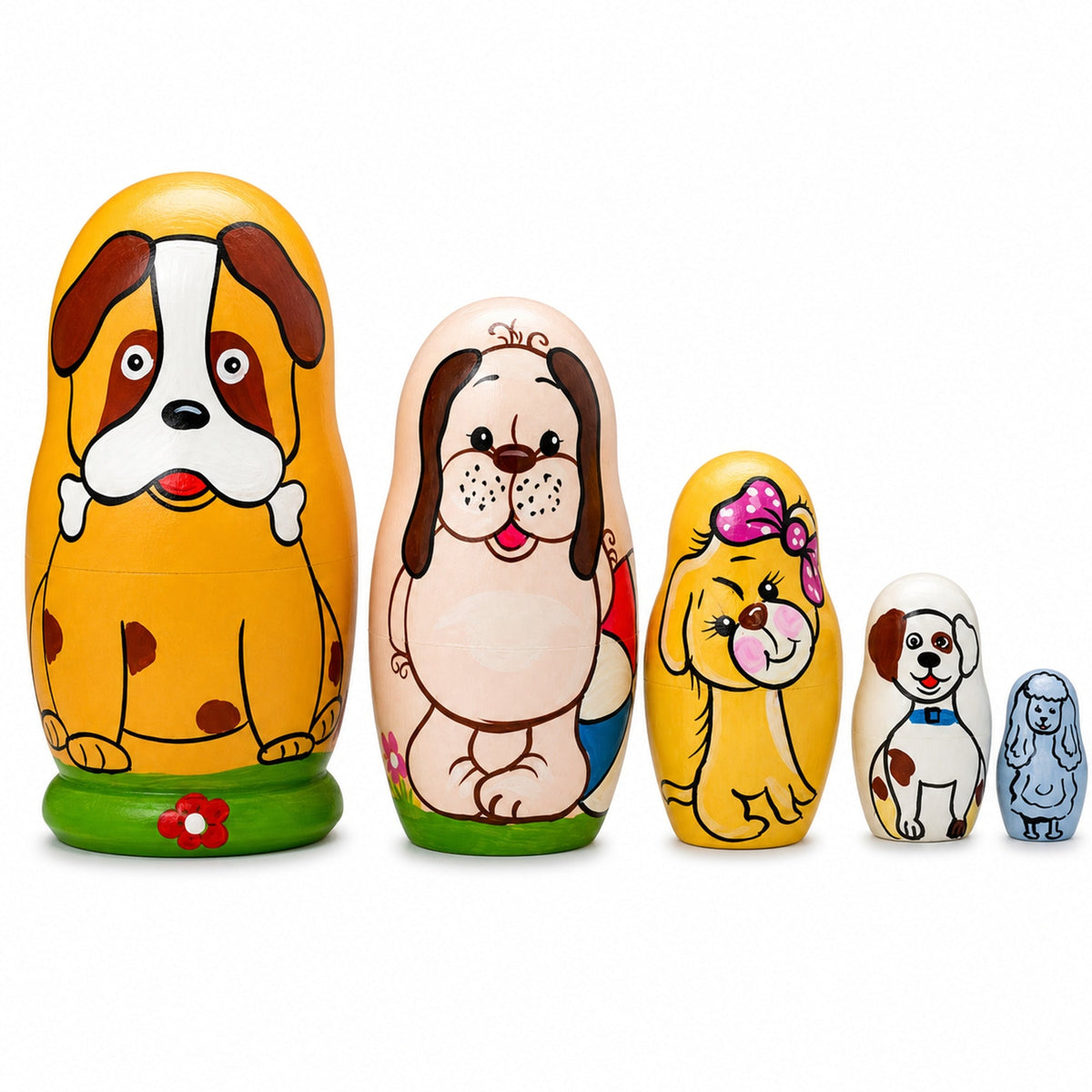 Set of 5 Dogs and Puppies Wooden Nesting Dolls 4.25 Inches