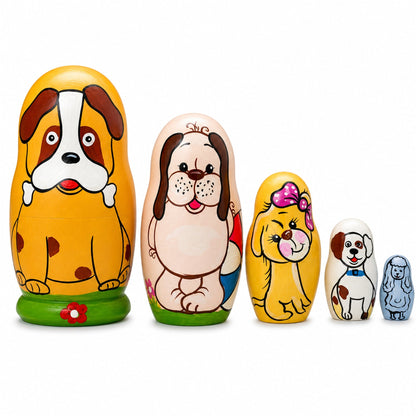 Set of 5 Dogs and Puppies Wooden Nesting Dolls 4.25 Inches