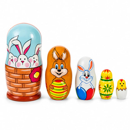 5 Bunnies, Chick with Easter Eggs Wicker Basket Wooden Nesting Figurines 6 Inches