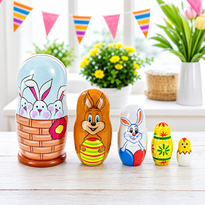 5 Bunnies, Chick with Easter Eggs Wicker Basket Wooden Nesting Figurines 6 Inches