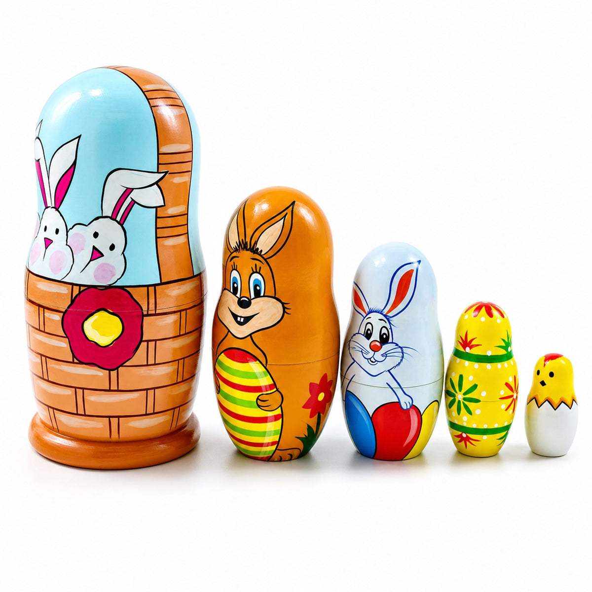5 Bunnies, Chick with Easter Eggs Wicker Basket Wooden Nesting Figurines 6 Inches