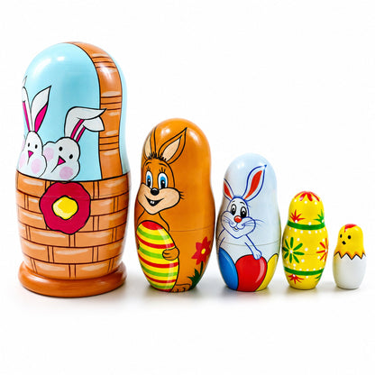 5 Bunnies, Chick with Easter Eggs Wicker Basket Wooden Nesting Figurines 6 Inches