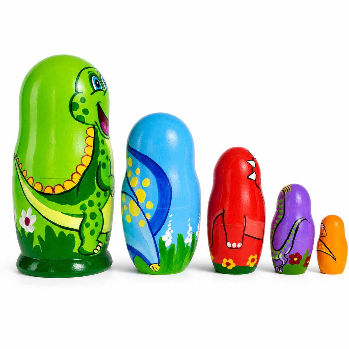 Set of 5 Dinosaurs Wooden Nesting Dolls 6 Inches