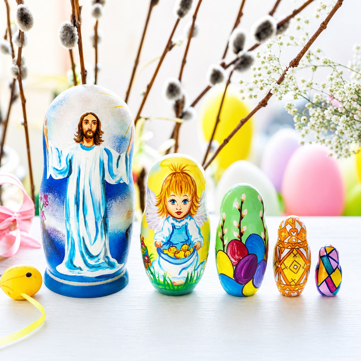 Set of 5 Jesus Christ Rising, Angel and Easter Eggs Wooden Nesting Dolls 6 Inches