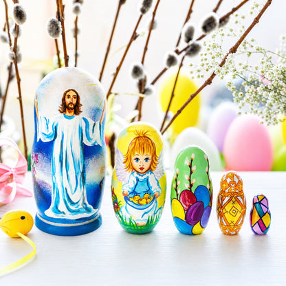 Set of 5 Jesus Christ Rising, Angel and Easter Eggs Wooden Nesting Dolls 6 Inches