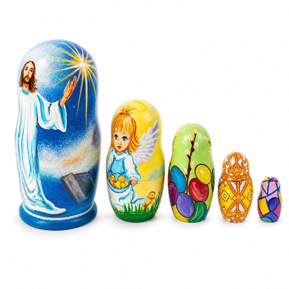 Set of 5 Jesus Christ Rising, Angel and Easter Eggs Wooden Nesting Dolls 6 Inches