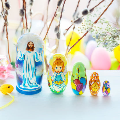 Set of 5 Jesus Christ Rising, Angel and Easter Eggs Wooden Nesting Dolls 6 Inches