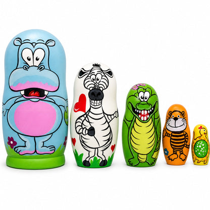 Set of 5 Hippo, Zebra and Tiger Wooden Animal Nesting Dolls 6 Inches