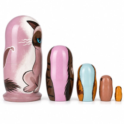 Sad Cat & Friends Wooden Nesting Dolls 5.75 Inches