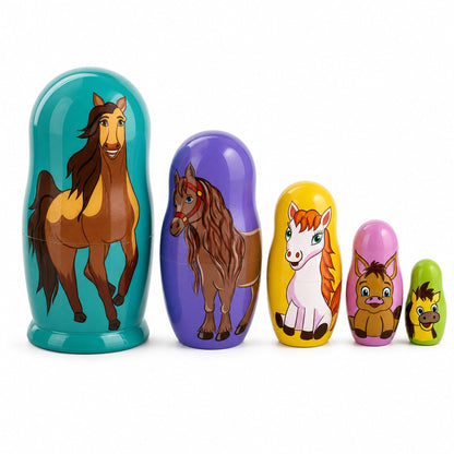 Set of 5 Horses Wooden Nesting Dolls 6 Inches