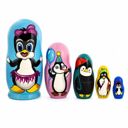 Set of 5 Penguins Wooden Nesting Dolls 6 Inches