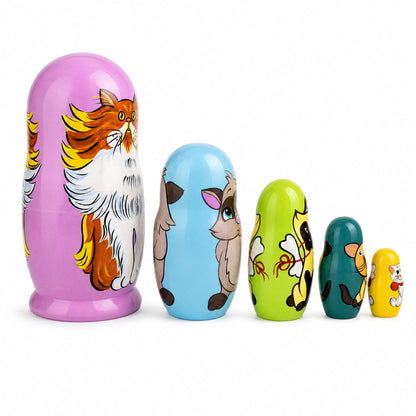 Set of 5 Colorful Cats Wooden Nesting Dolls 6 Inches