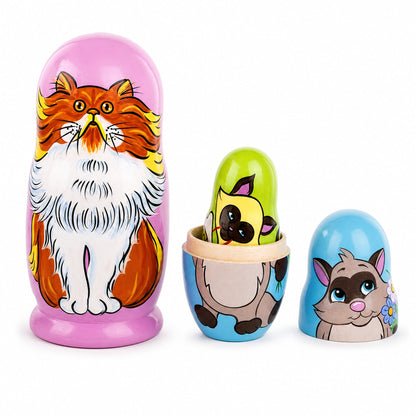 Set of 5 Colorful Cats Wooden Nesting Dolls 6 Inches