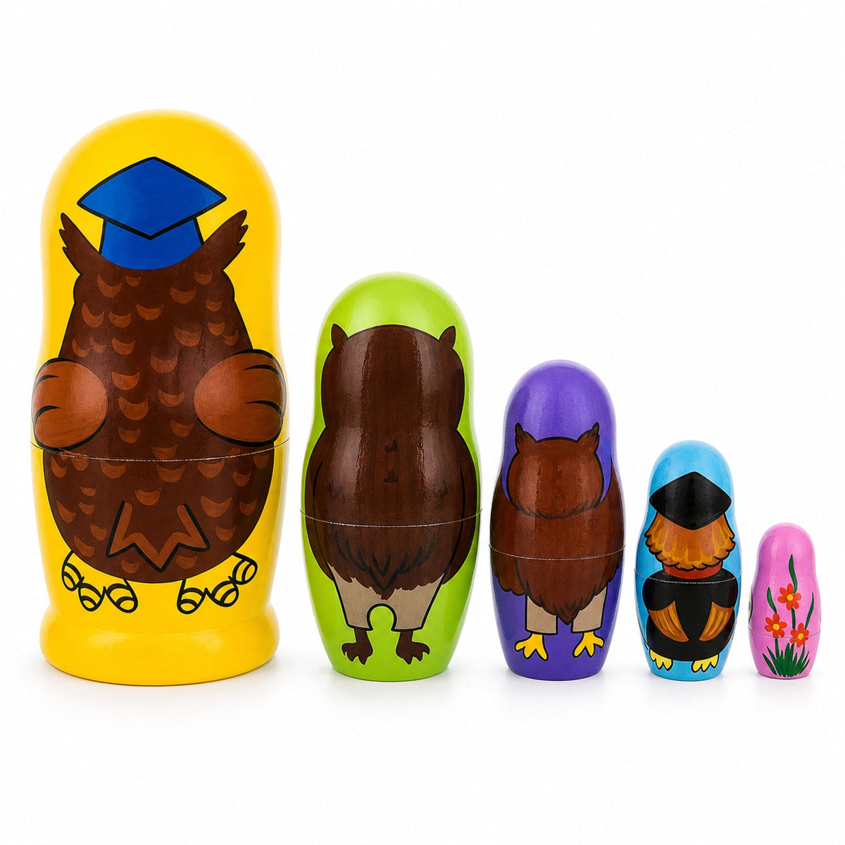 Set of 5 Owls Professors Wooden Nesting Dolls 6 Inches