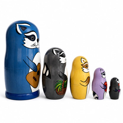 Set of 5 Raccoon Family Wooden Nesting Dolls 6 Inches