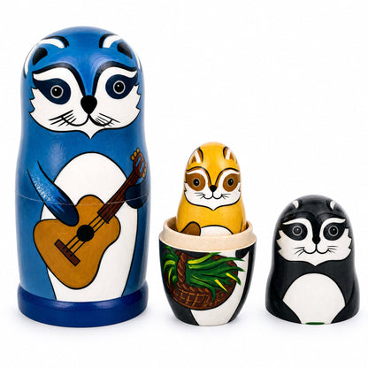 Set of 5 Raccoon Family Wooden Nesting Dolls 6 Inches