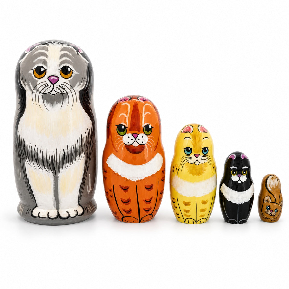 Set of 5 Cats Family Wooden Nesting Dolls 6 Inches