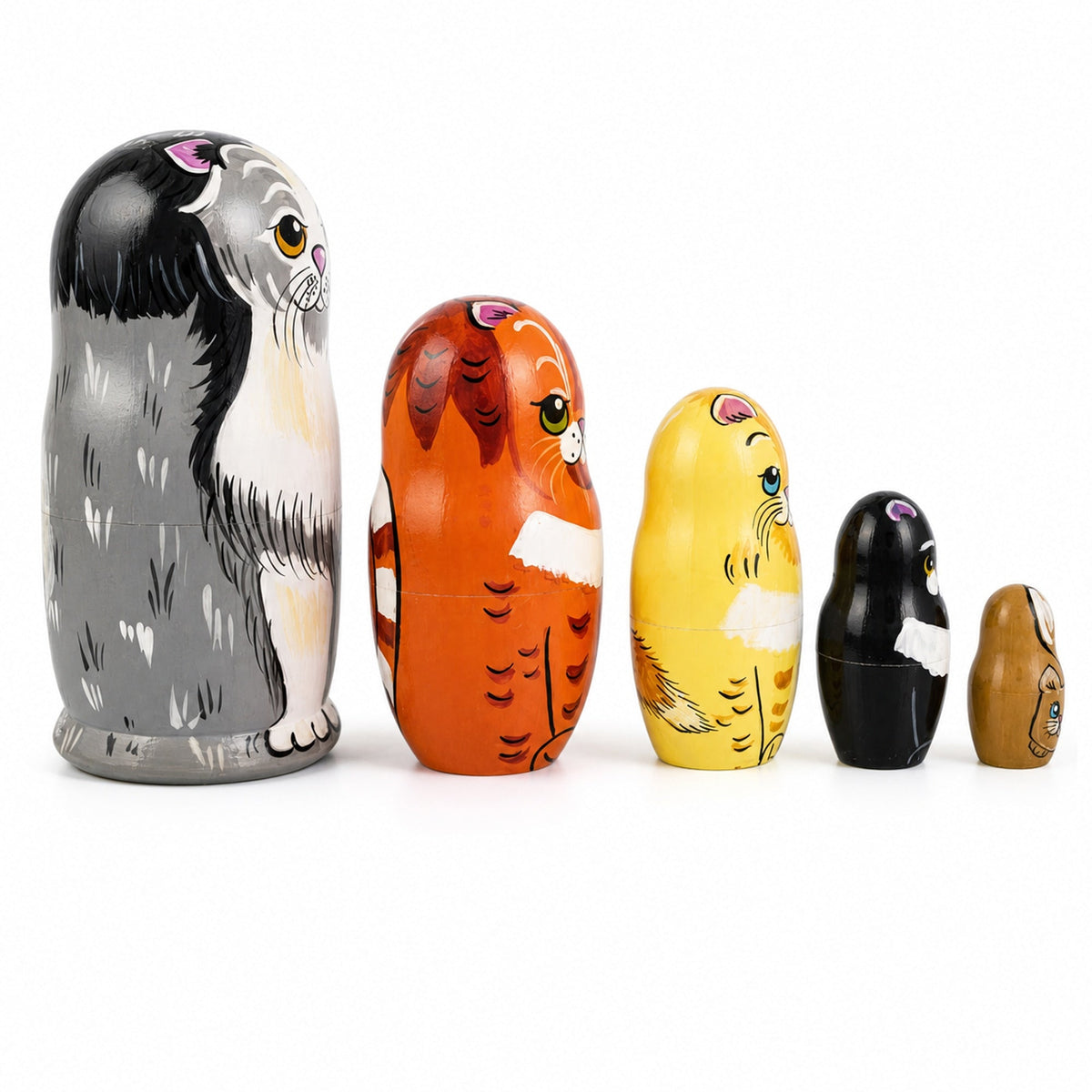 Set of 5 Cats Family Wooden Nesting Dolls 6 Inches
