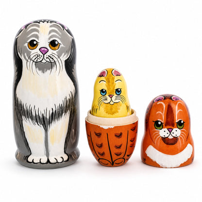 Set of 5 Cats Family Wooden Nesting Dolls 6 Inches