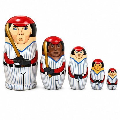 Set of 5 Baseball Wooden Nesting Dolls 6 Inches