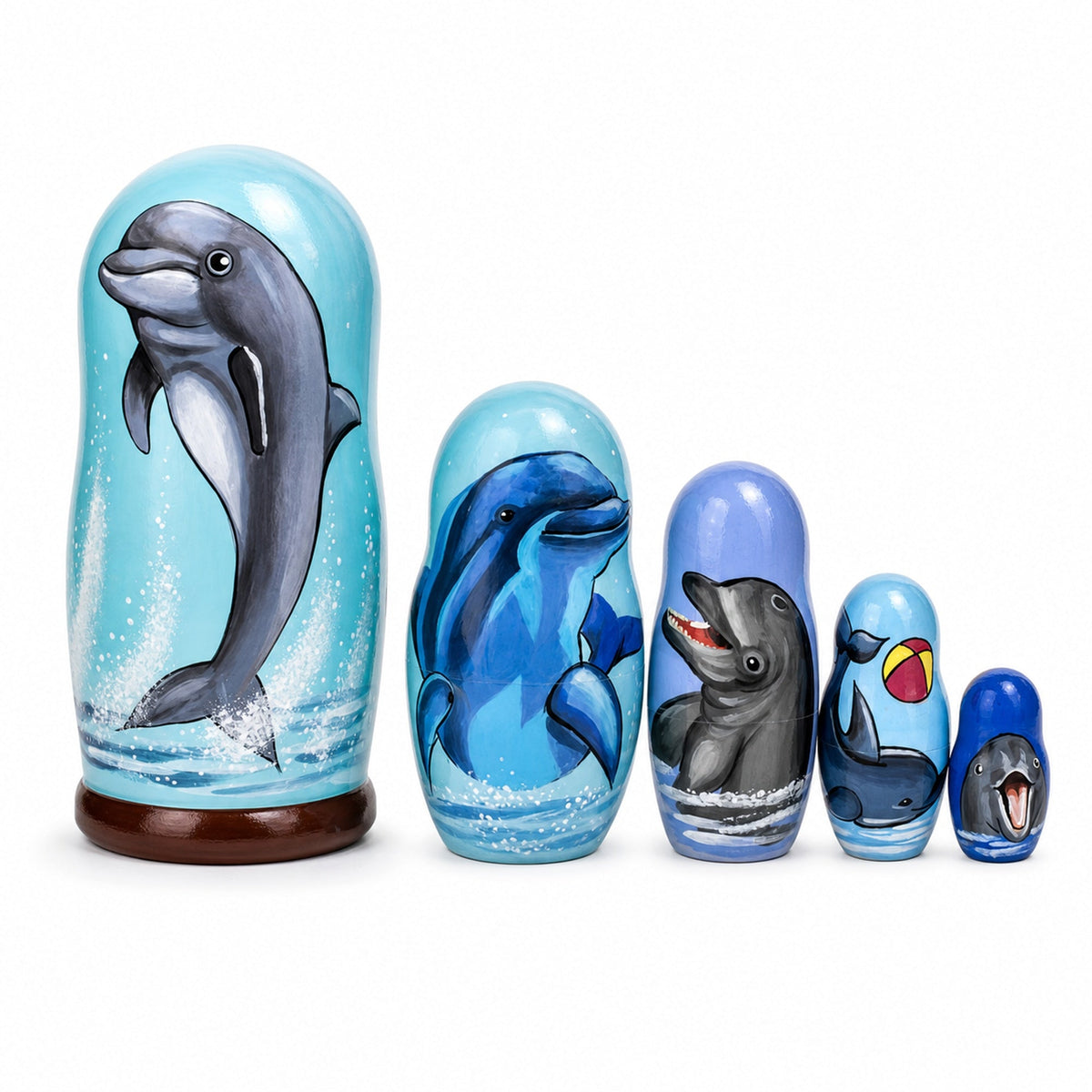 Set of 5 Dolphins Wooden Nesting Dolls 6 Inches