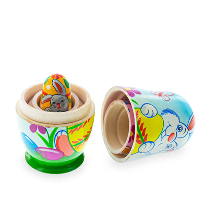 Set of 3 Bunnies and Easter Eggs Wooden Nesting Dolls 4.25 Inches