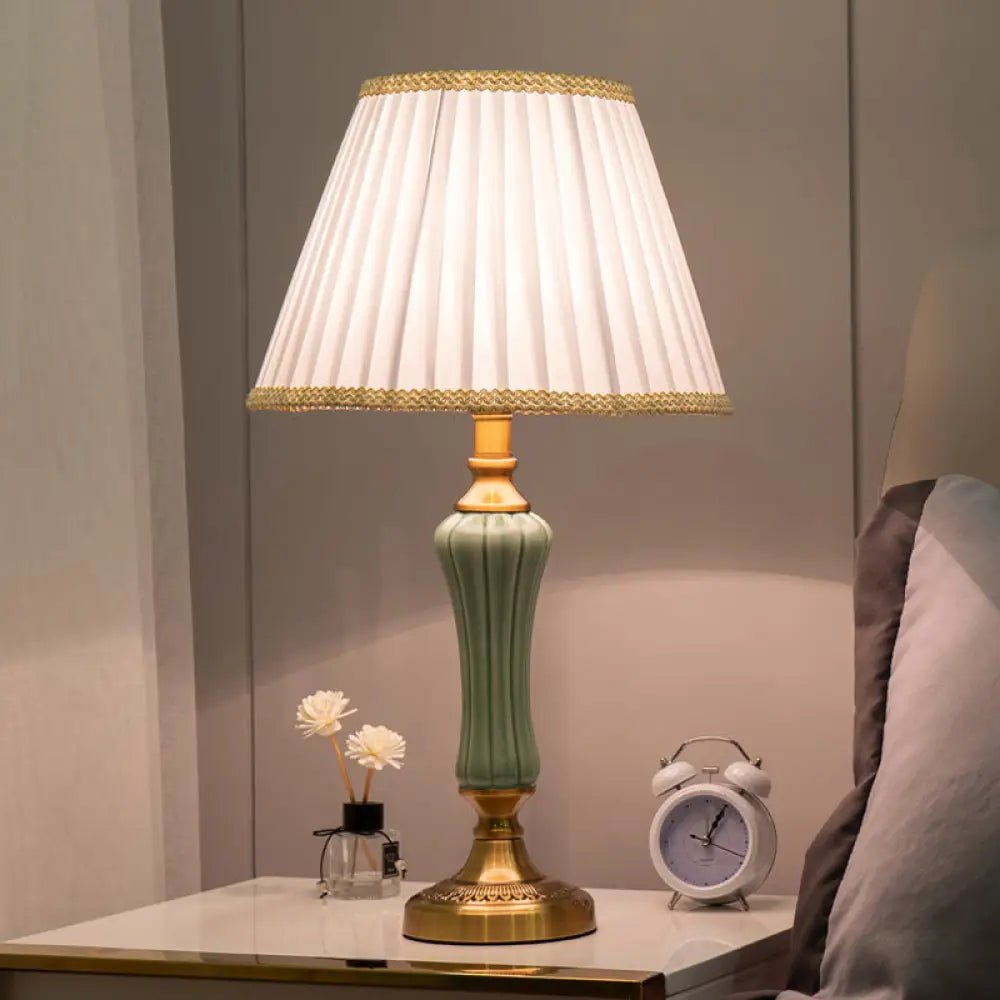 DecorBites™ Modern 1-Bulb Green Nightstand Lamp with Empire Shade and Fabric Border