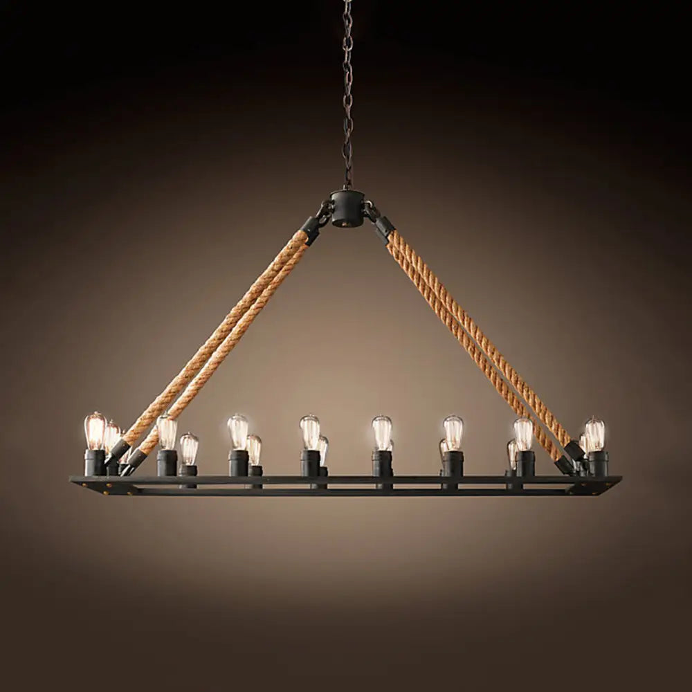 DecorBites™ Modern 10/14 Lights Rectangle Hanging Lamp - Loft Style Black Metallic with Rope Island Lighting