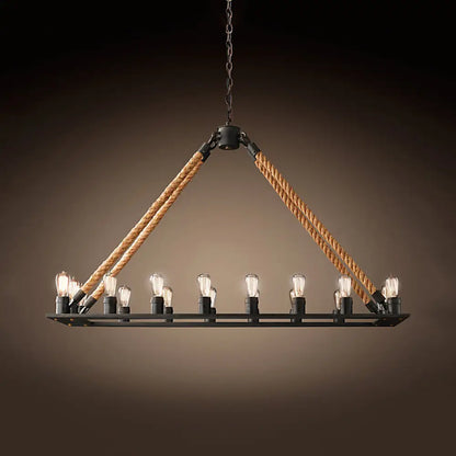 DecorBites™ Modern 10/14 Lights Rectangle Hanging Lamp - Loft Style Black Metallic with Rope Island Lighting