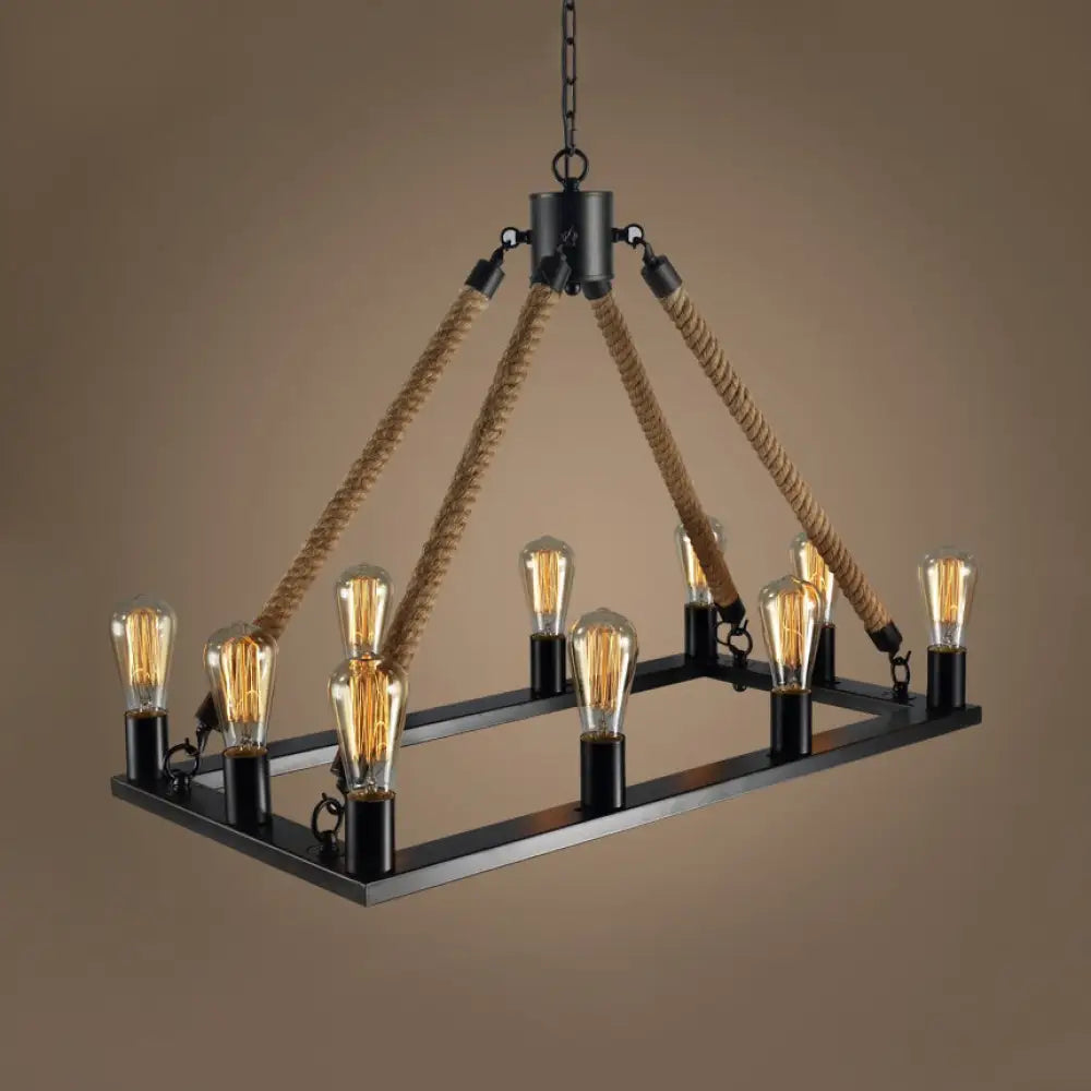 DecorBites™ Modern 10/14 Lights Rectangle Hanging Lamp - Loft Style Black Metallic with Rope Island Lighting