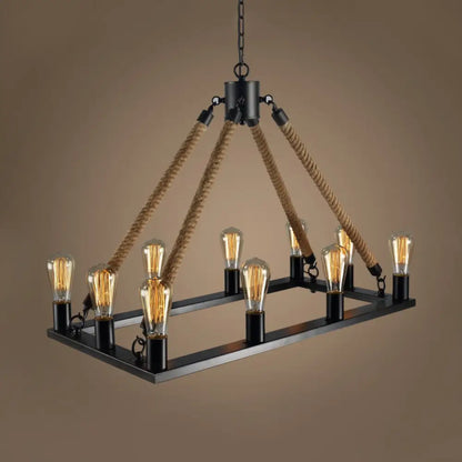 DecorBites™ Modern 10/14 Lights Rectangle Hanging Lamp - Loft Style Black Metallic with Rope Island Lighting