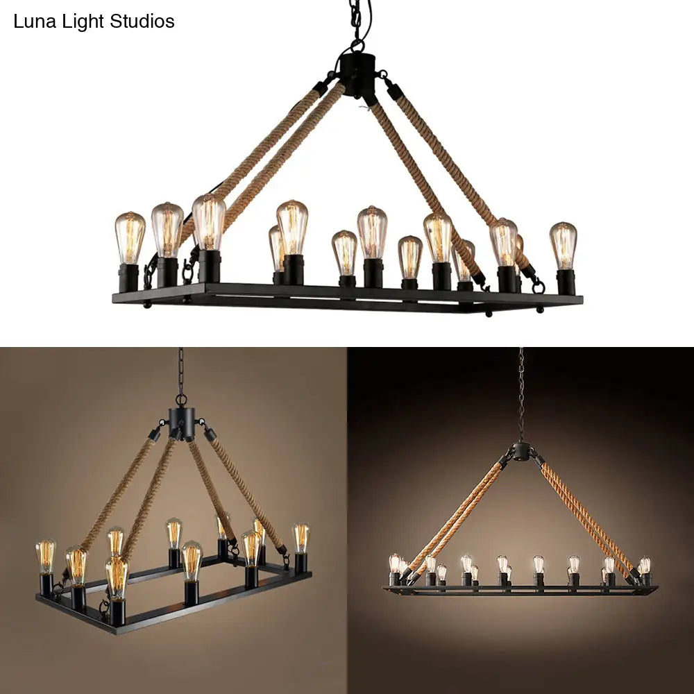 DecorBites™ Modern 10/14 Lights Rectangle Hanging Lamp - Loft Style Black Metallic with Rope Island Lighting