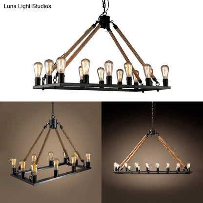 DecorBites™ Modern 10/14 Lights Rectangle Hanging Lamp - Loft Style Black Metallic with Rope Island Lighting