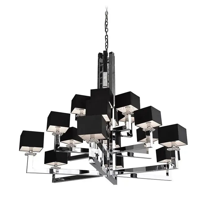 Modern 12-light chrome chandelier with black & clear dining room crystal accents