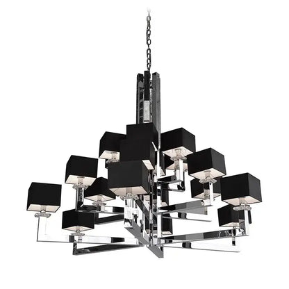 Modern 12-light chrome chandelier with black & clear dining room crystal accents