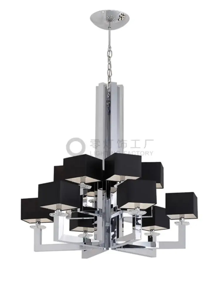 Modern 12-light chrome chandelier with black & clear dining room crystal accents