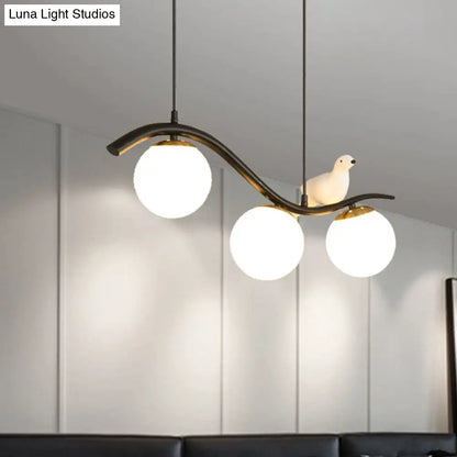 DecorBites™ Modern 3-Head Black Island Pendant Lamp with Clear/White Glass Shades and Pigeon Decor