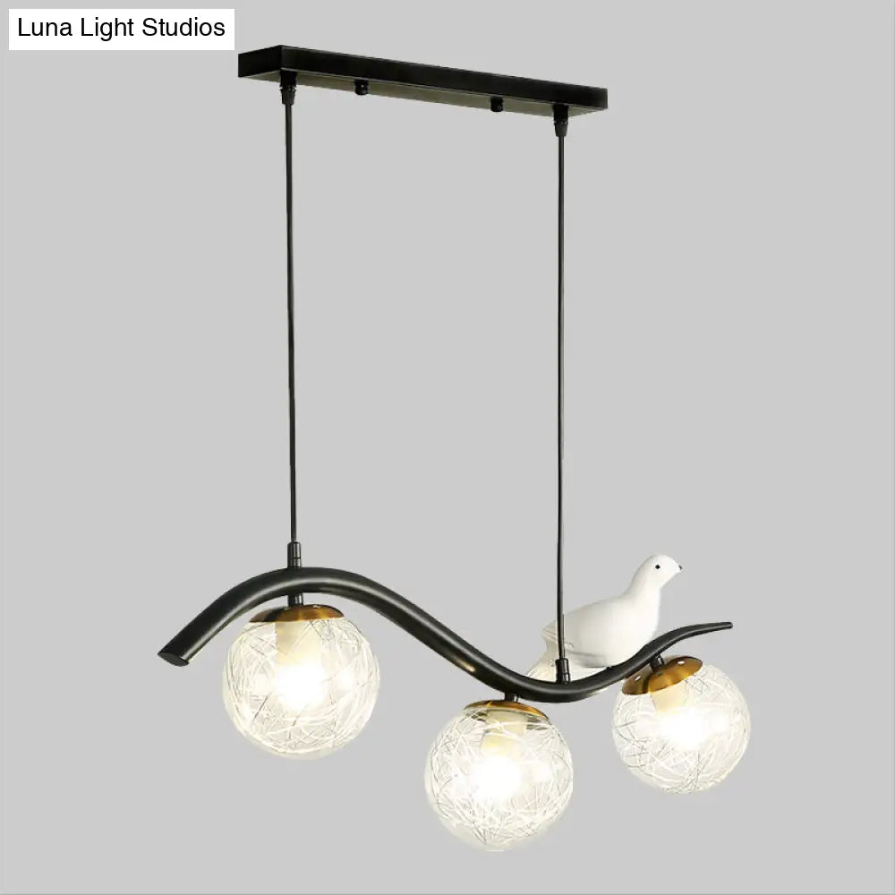 DecorBites™ Modern 3-Head Black Island Pendant Lamp with Clear/White Glass Shades and Pigeon Decor