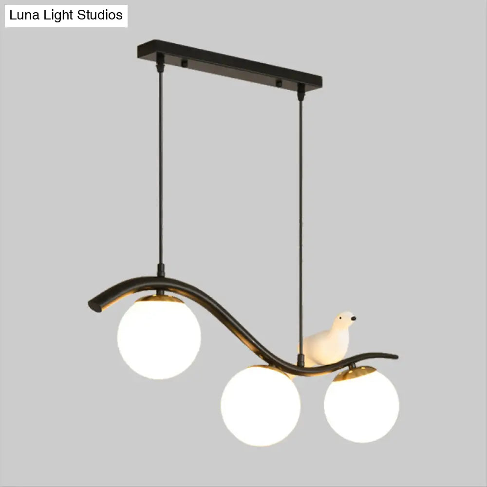 DecorBites™ Modern 3-Head Black Island Pendant Lamp with Clear/White Glass Shades and Pigeon Decor