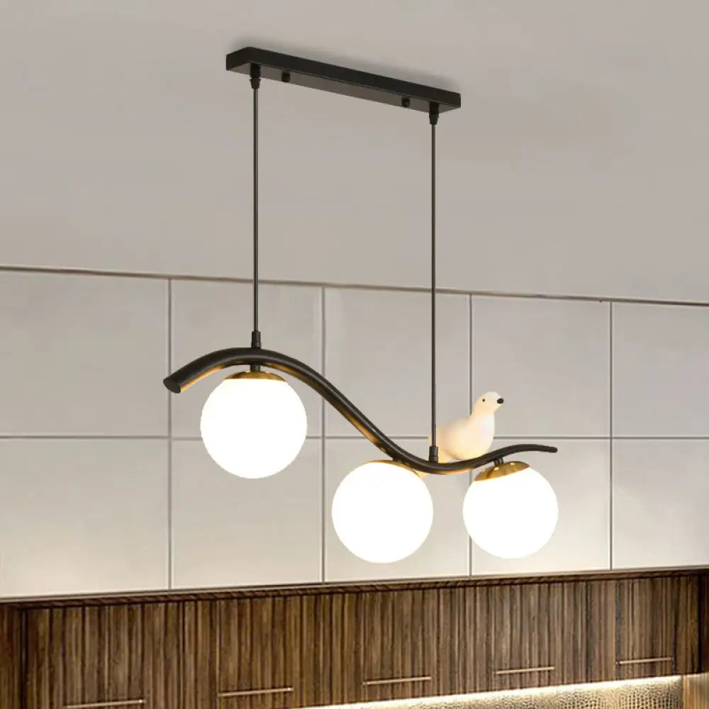 DecorBites™ Modern 3-Head Black Island Pendant Lamp with Clear/White Glass Shades and Pigeon Decor