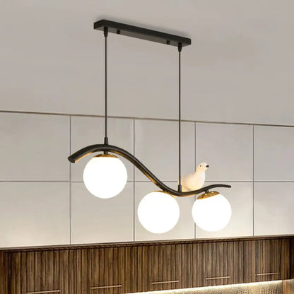 DecorBites™ Modern 3-Head Black Island Pendant Lamp with Clear/White Glass Shades and Pigeon Decor