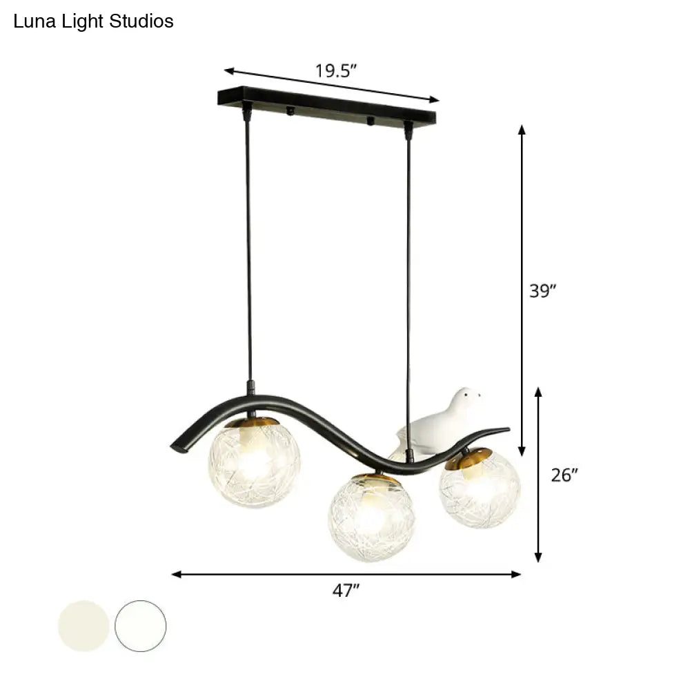 DecorBites™ Modern 3-Head Black Island Pendant Lamp with Clear/White Glass Shades and Pigeon Decor