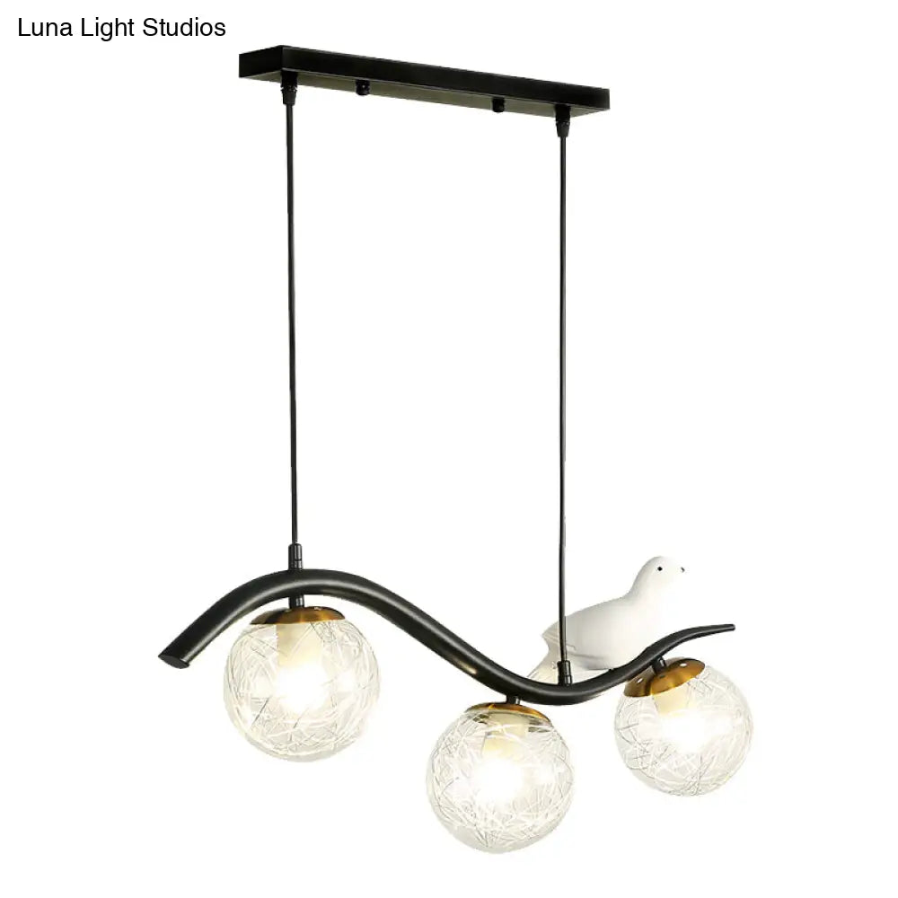 DecorBites™ Modern 3-Head Black Island Pendant Lamp with Clear/White Glass Shades and Pigeon Decor