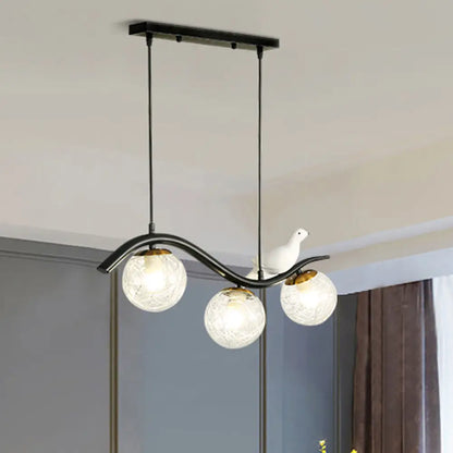 DecorBites™ Modern 3-Head Black Island Pendant Lamp with Clear/White Glass Shades and Pigeon Decor
