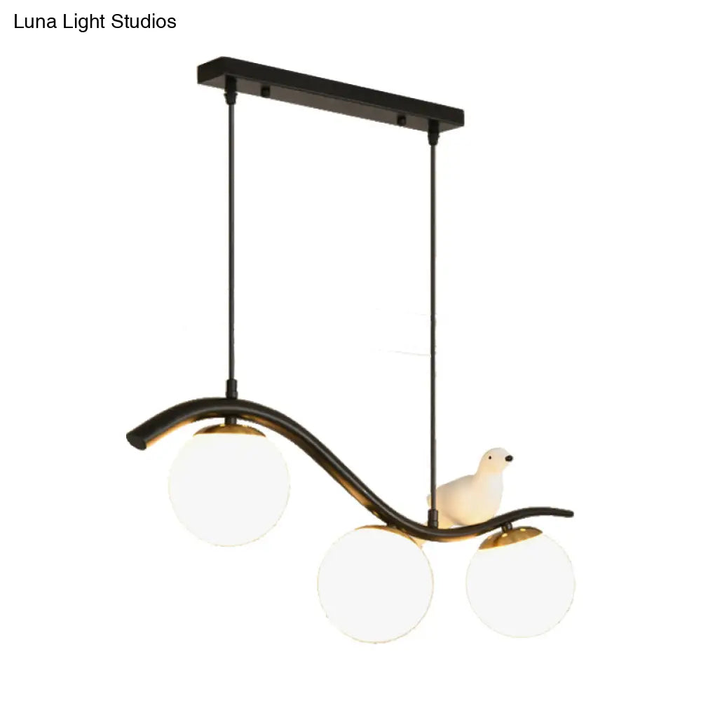DecorBites™ Modern 3-Head Black Island Pendant Lamp with Clear/White Glass Shades and Pigeon Decor