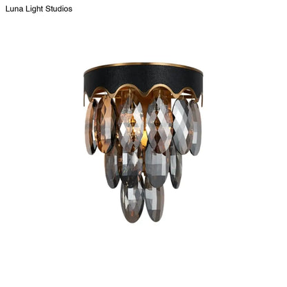DecorBites™ Modern 3-Layer Black Wall Mount Lighting: Beveled K9 Crystal Wall Sconce with 2 Lights for Bedside