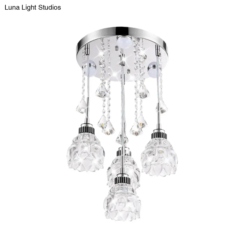 DecorBites™ Modern 4-Head Crystal Shade Flower Ceiling Light Fixture - Chrome Finish Multi-Pendant