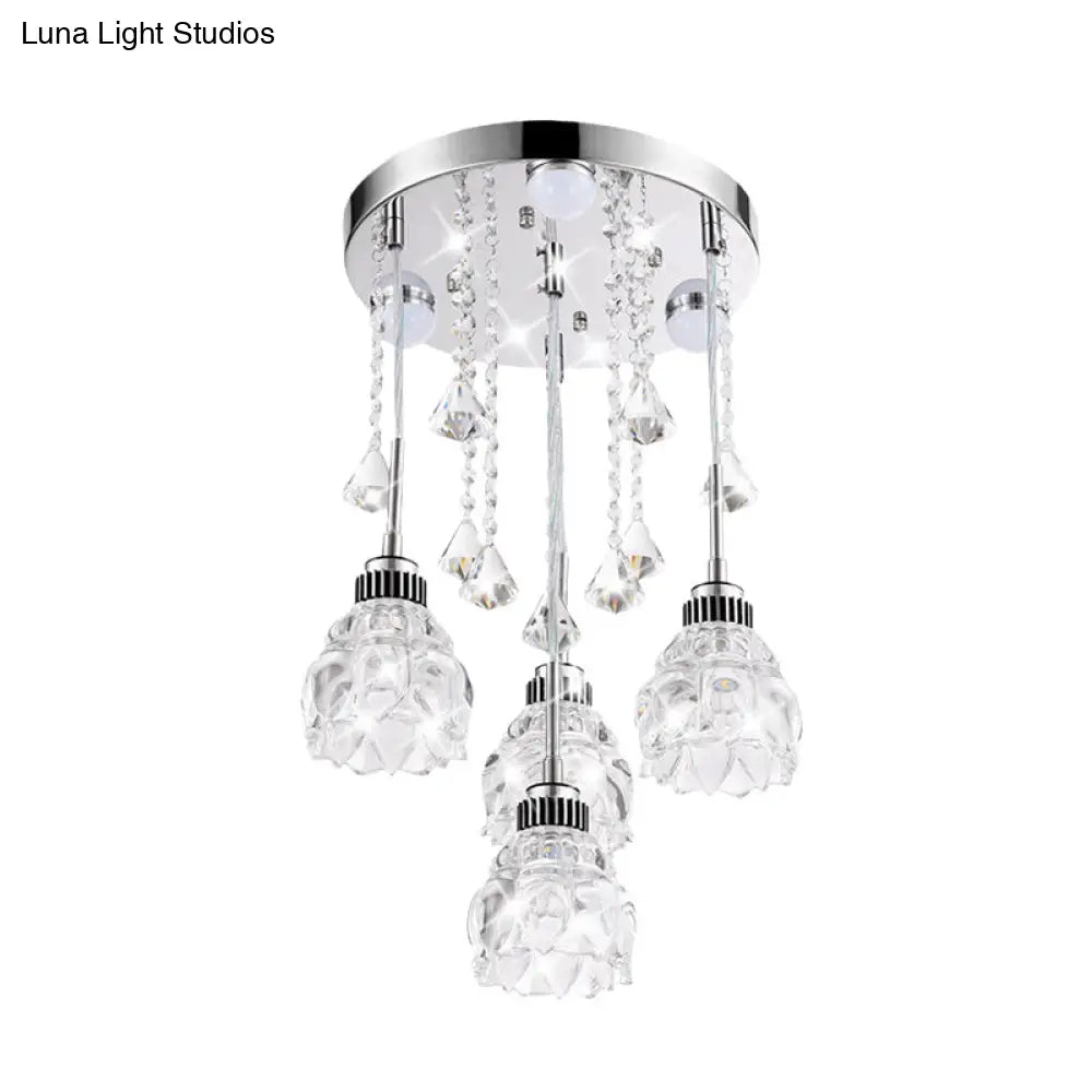 DecorBites™ Modern 4-Head Crystal Shade Flower Ceiling Light Fixture - Chrome Finish Multi-Pendant