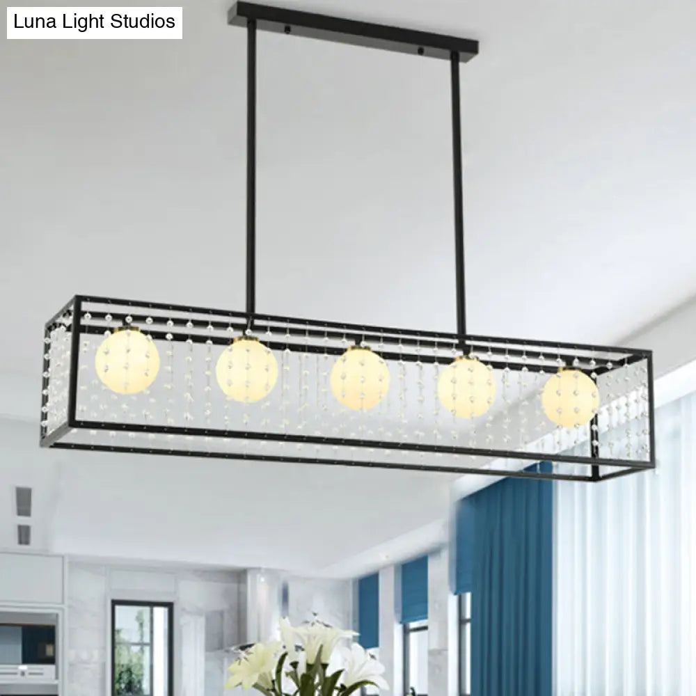 DecorBites™ Modern 5-Head Black Island Light with White Glass and Crystal Shade