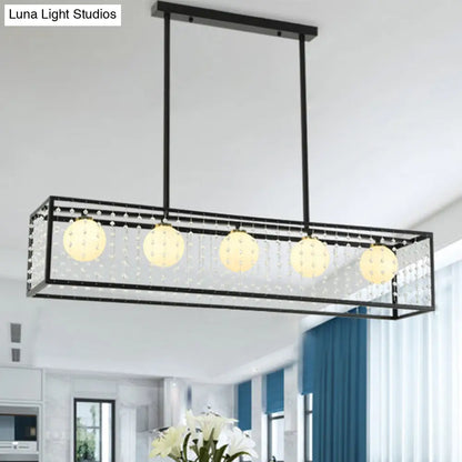 DecorBites™ Modern 5-Head Black Island Light with White Glass and Crystal Shade